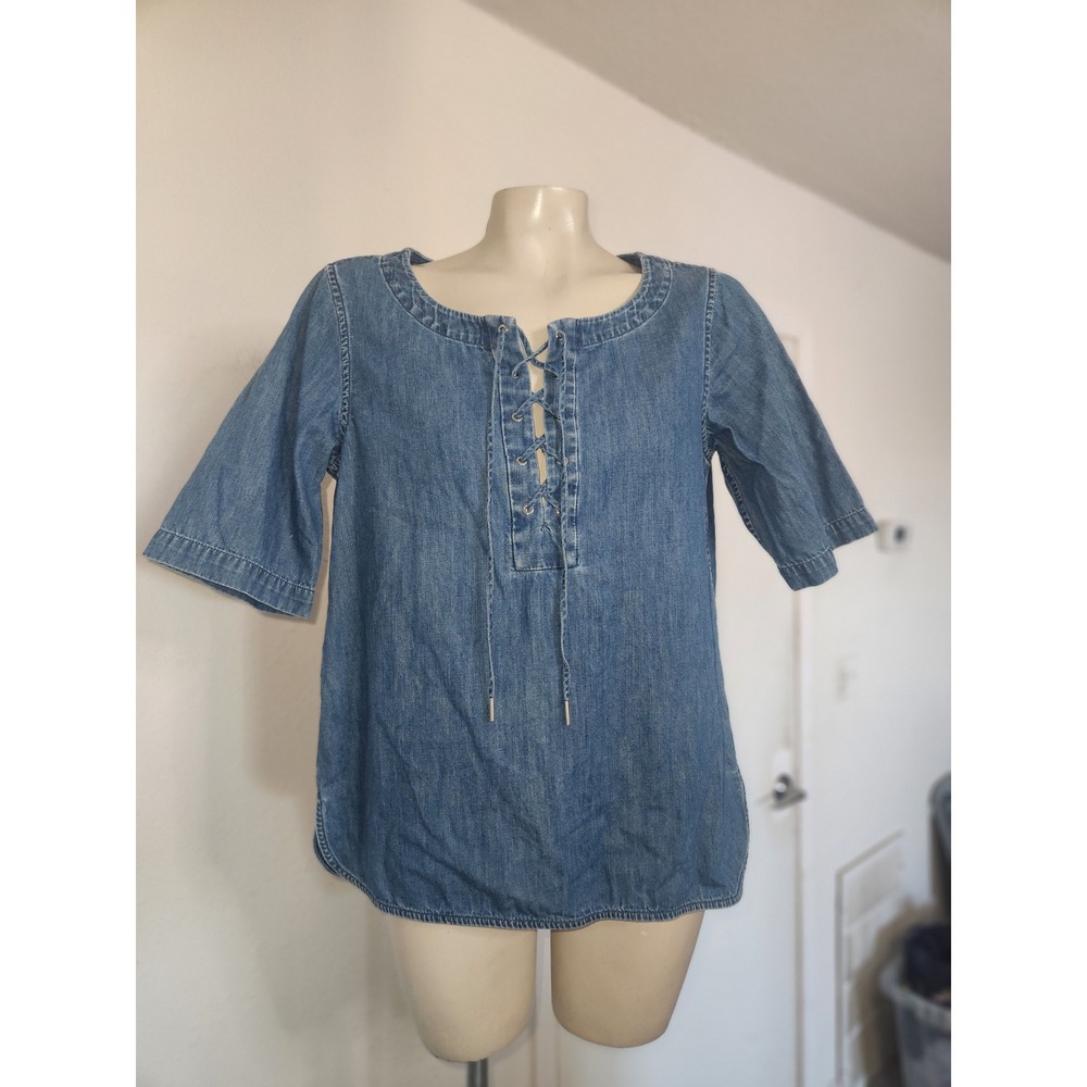 RAG & BONE Denim Lace Up Front Short Sleeve Blouse M Chambray Top Comfy casual - Picture 4 of 10